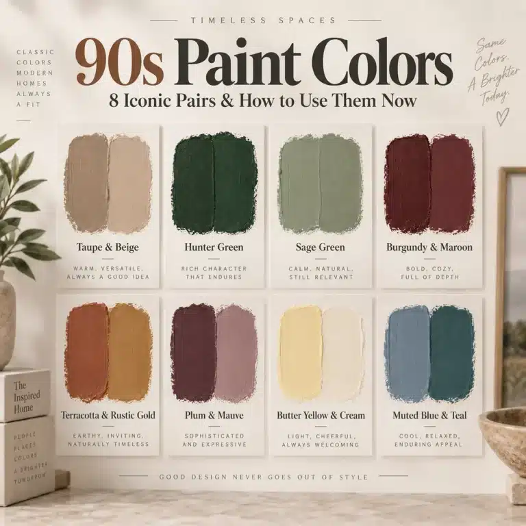 90s paint colors: taupe, beige, hunter green, sage green, burgundy, maroon, terracotta, gold, plum, mauve, butter yellow, cream, muted blue, teal blue