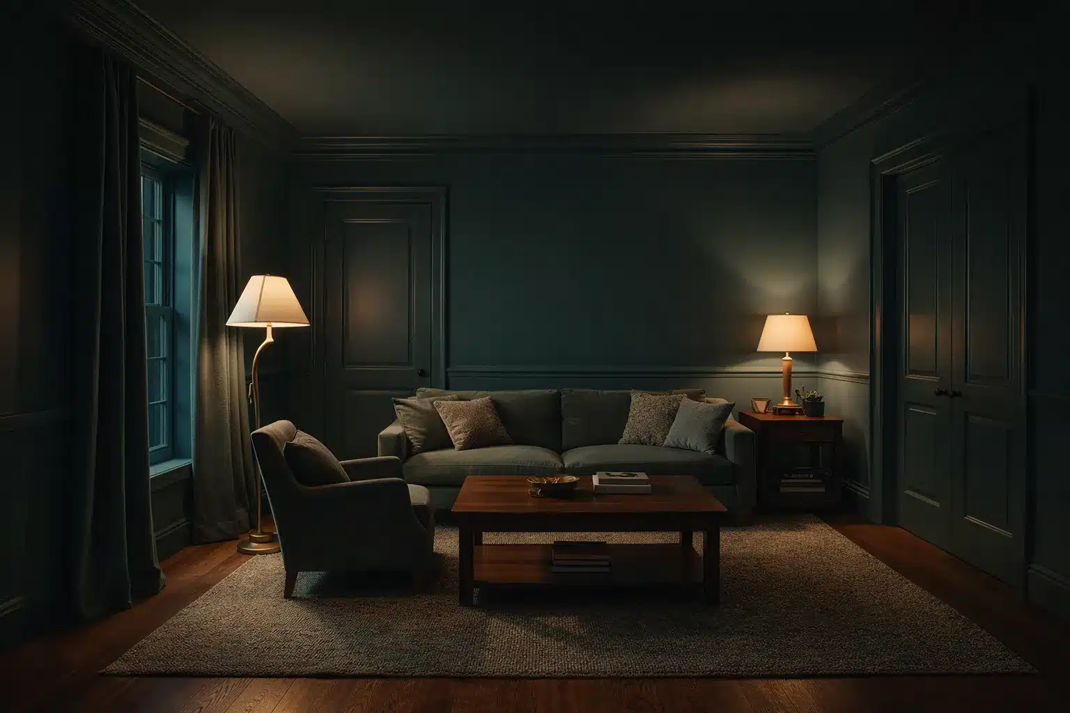 Deep green color-drenched living room with matching walls and ceiling, warm lamps and a wood coffee table