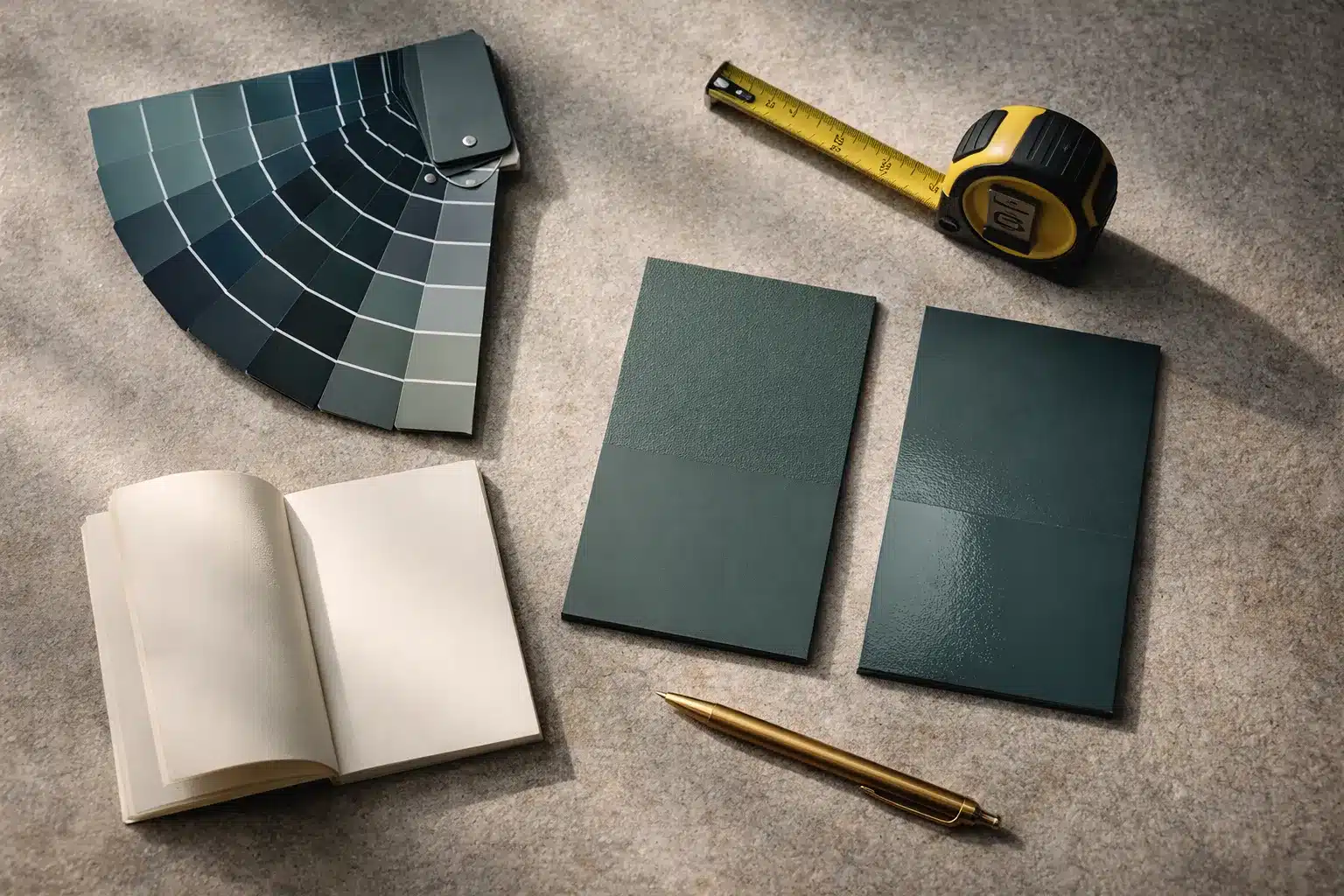 Paint sample boards, color fan, measuring tape and notebook for planning a color-drenching project