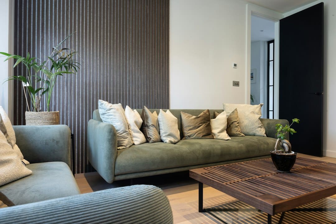 Modern interior with vertical wood slat acoustic wall panels
