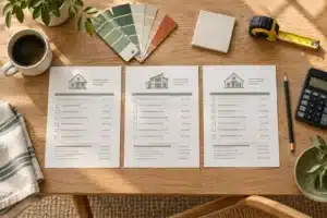 Illustration of three contractor estimate sheets with paint swatches, a tile sample and a calculator on an oak table.