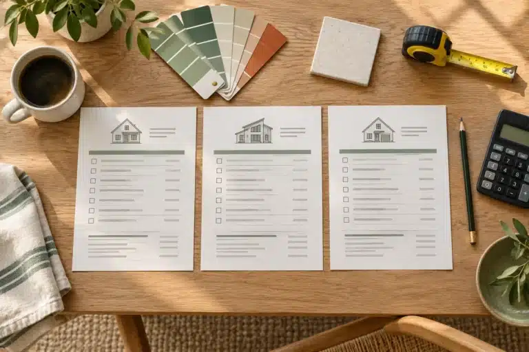Illustration of three contractor estimate sheets with paint swatches, a tile sample and a calculator on an oak table.
