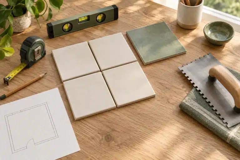 Illustration of ivory and sage tile samples with a level, tape measure and room plan on a workbench.
