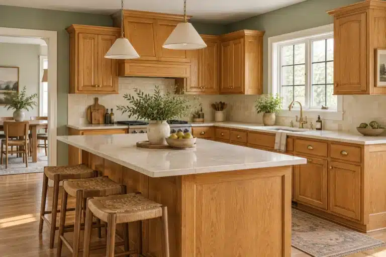 Illustrated kitchen with honey oak cabinets, sage green walls, cream counters and brass hardware
