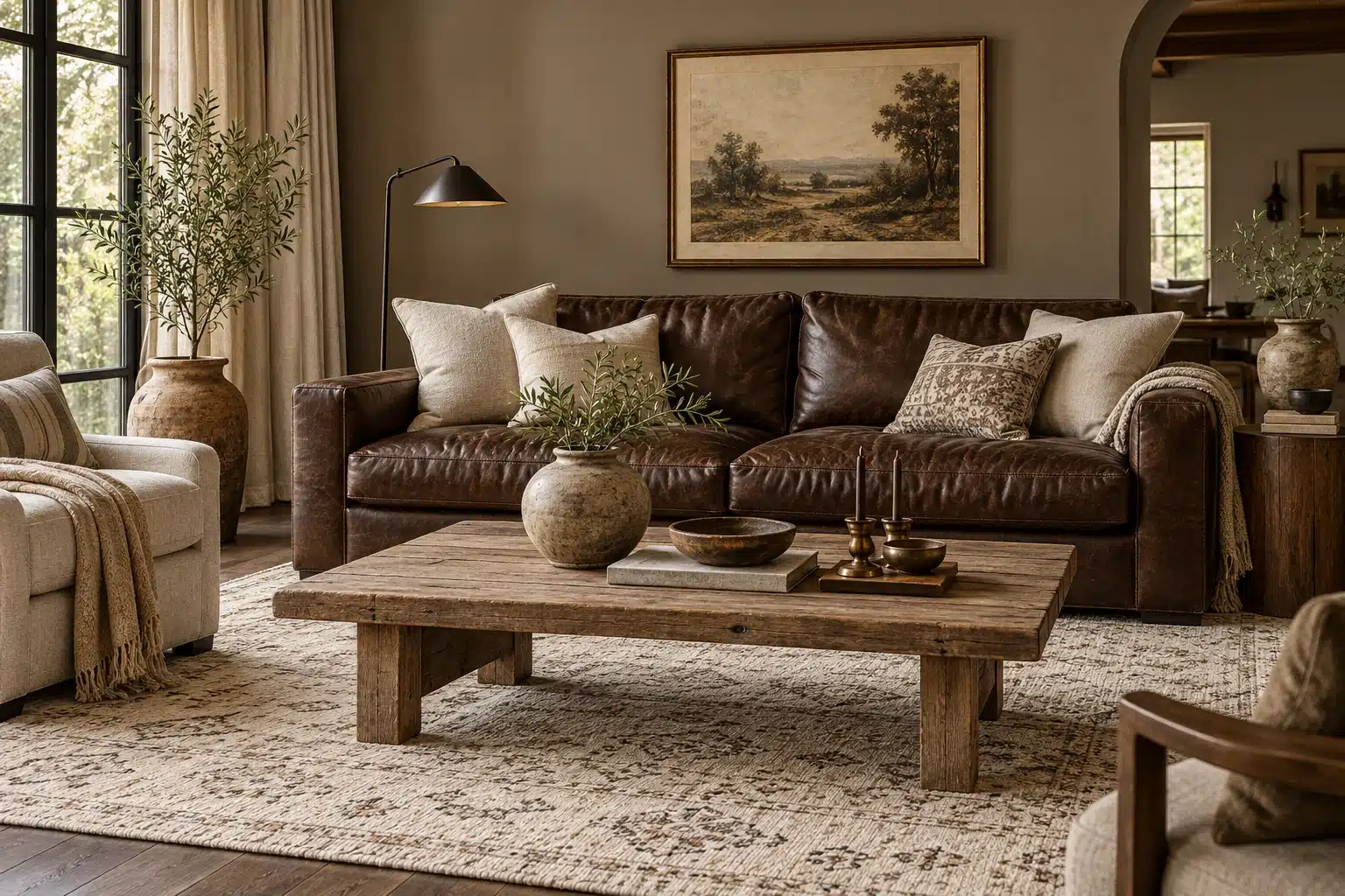 Mushroom walls, linen curtains and a chocolate brown sofa in a warm neutral living room