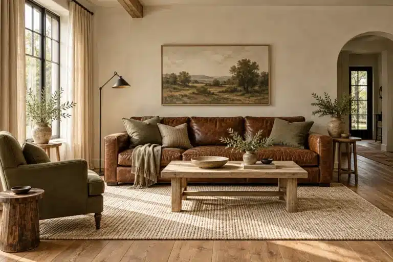 Warm cream farmhouse living room with a cognac leather sofa and olive accents