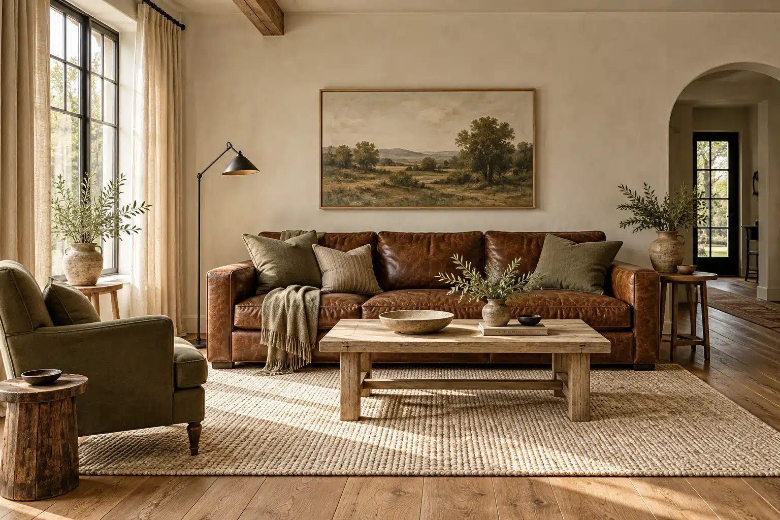 Farmhouse room inspiration with warm cream walls, a cognac sofa and olive accents